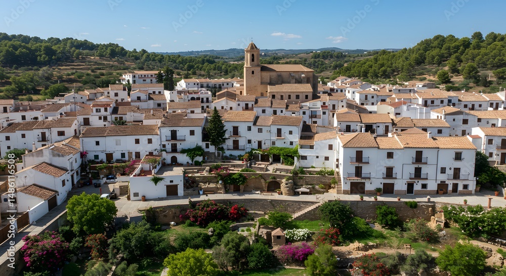 Fototapeta premium Aerial View of White Village in Rural Landscape on Clear Day