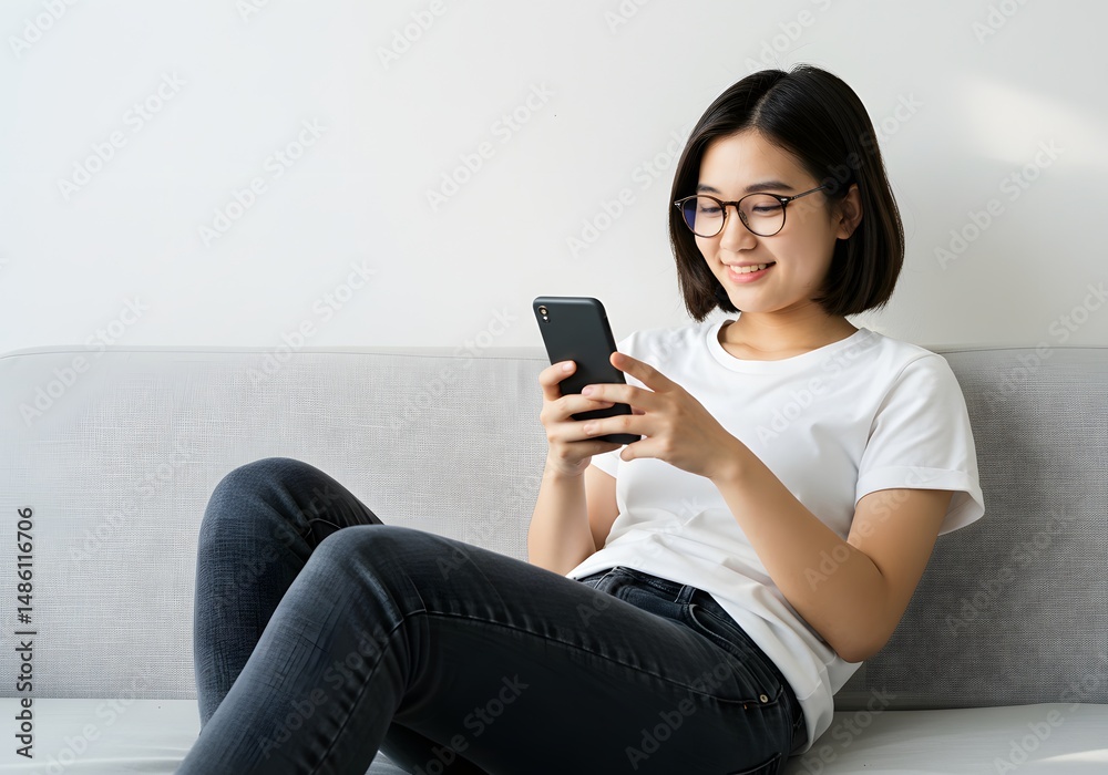 Young woman using smartphone on sofa Young woman using smartphone on sofa