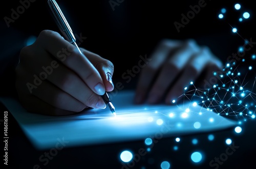 Detailed View of a Hand Signing a Business Report While a Futuristic Overlay of Connected Blue Particles and Data Structures Illuminates the Background