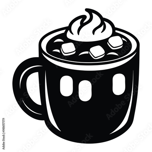 Black Coffee Mug with Marshmallows Topped with Creamy Whipped Cream, Isolated