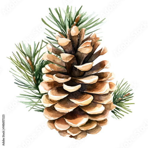watercolor of Winter Pine Cone Decoration, vector high quality, isolated on a white background.