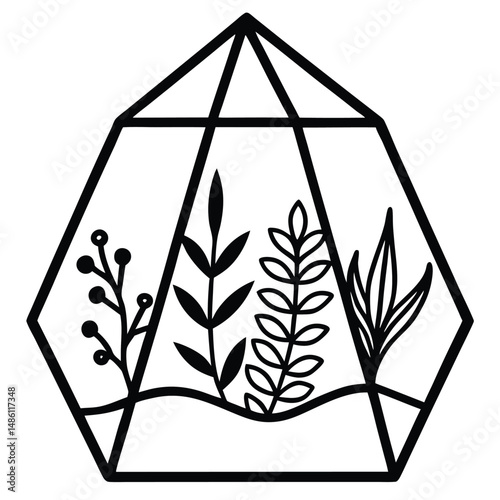 Terrarium with Florals and Herbs line art vector