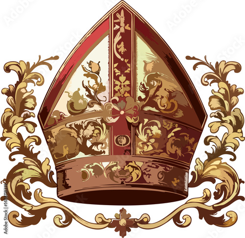 Ornate Golden Papal Mitre with Intricate Baroque Floral Design – Catholic Bishop Crown Vector Illustration