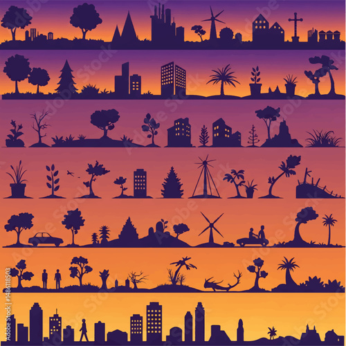 Vector illustration of city silhouette with people, birds, and animals in a black art design set for sport, dance, and fitness