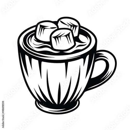 Hot Drink with Marshmallows in Black and White Monochrome Cup Design