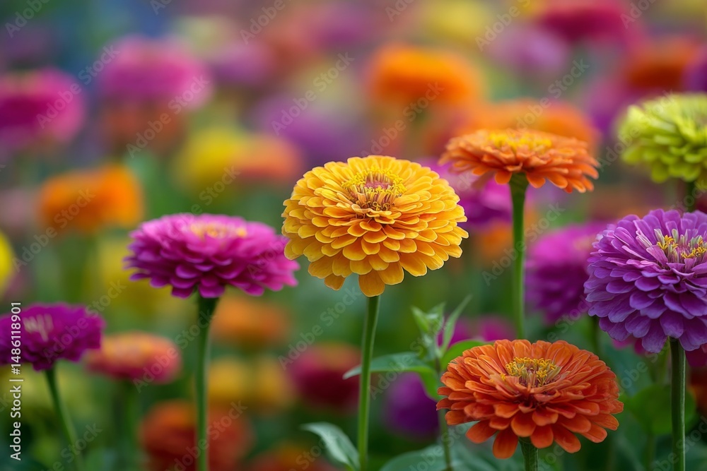 Vibrant zinnia field showcases various colors, creating a colorful floral scene with shallow depth of field and lush backdrop Vibrant zinnia field showcases various colors, creating a colorful floral scene with shallow depth of field and lush backdrop