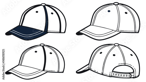 Baseball Cap Design Grid: Front, Side, and Rear Views Template