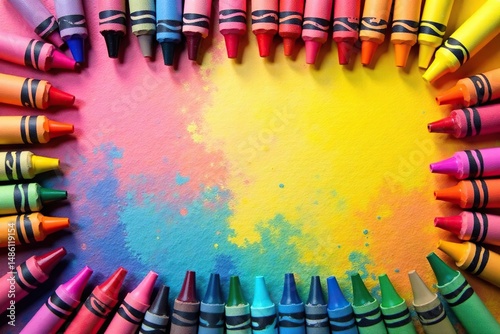 Vibrant crayon border frame, colorful background texture, art supplies , frame design, education