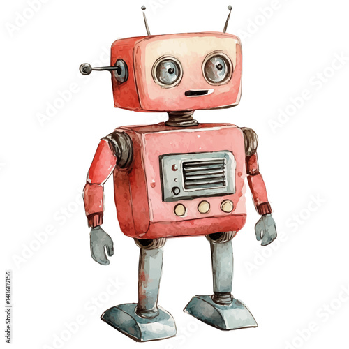 Wind-up Robot Toy From The 1950s, watercolor vector, high quality, isolated on a white background.