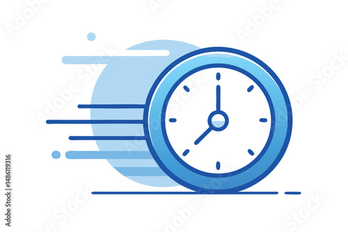 A blue clock with short dashes indicates speed and momentum on a white background