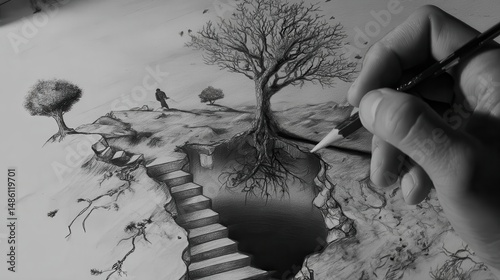 Intricate pencil drawing of a surreal landscape.