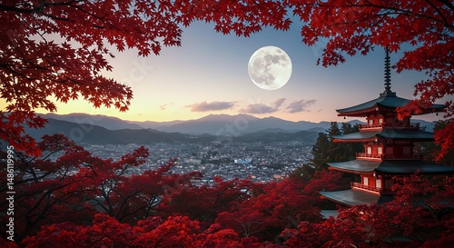 A serene view of a pagoda surrounded by red foliage with a full moon illuminating the night sky