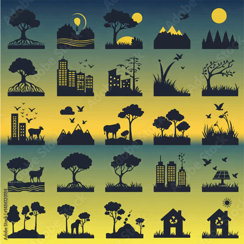Halloween vector silhouette illustration of night landscape with tree, animal, moon, bat, pumpkin, ghost, castle, horse, and cat