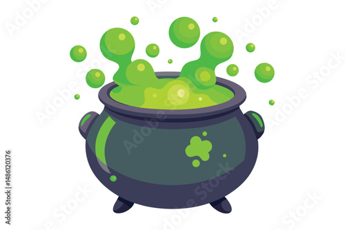 A bubbling green potion overflows a dark cartoon cauldron, emitting many floating spheres
