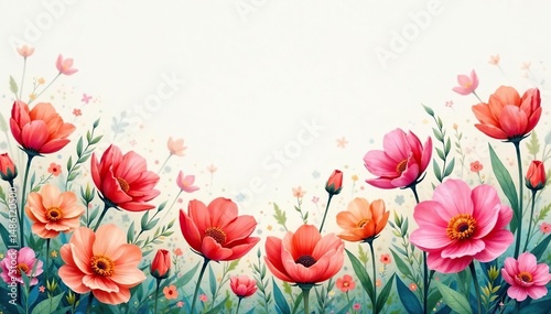 Overlapping, watercolor-style blooms creating unified floral field, soft, blossom, texture