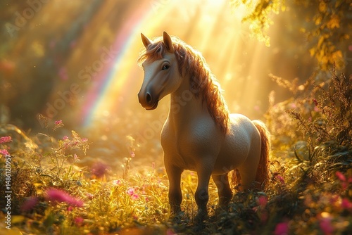 Magical Landscape Featuring Unicorns Under a Vibrant Rainbow and Golden Sunlight in a Lush Meadow Filled With Colorful Flowers