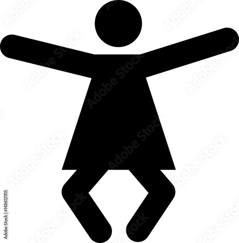Black pictogram of a woman with outstretched arms and arched legs