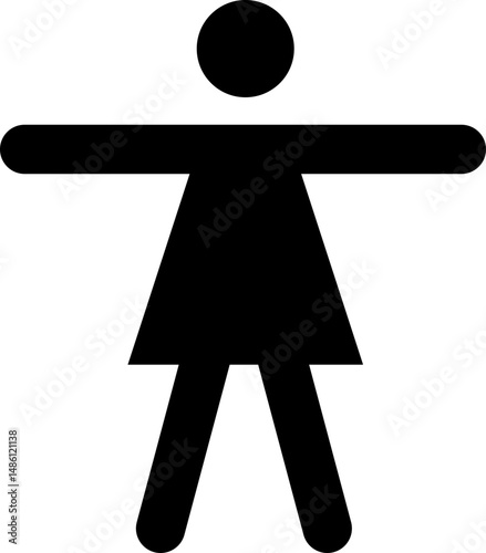 Black pictogram of a woman standing with two open legs and two arms outstretched