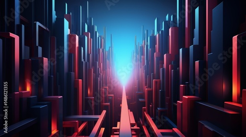 Cityscape with a long, narrow path between tall buildings. The buildings are made of blocks and are mostly red and blue. The sky is blue and the sun is shining through the buildings