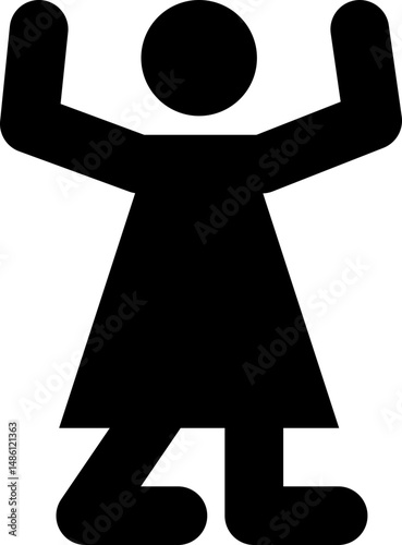 Black pictogram of a woman kneeling with her arms up representing someone in danger, robbed or being held hostage