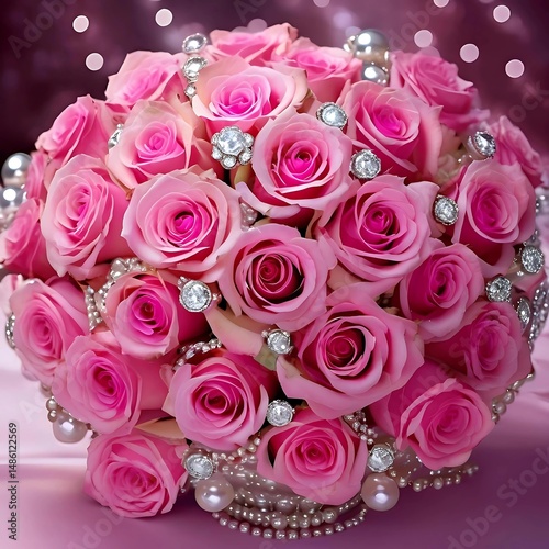 Luxurious pink rose bouquet with pearls and diamonds