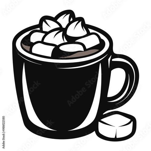 Hot Drink Mug with Marshmallows Illustration, Black and White Coffee Cup, Cozy Design