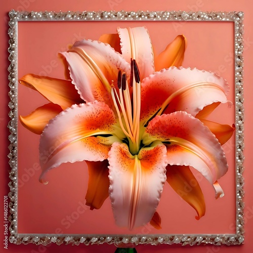 Orange lily flower in pearl frame coral background