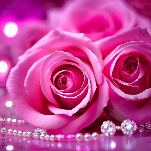 Beautiful pink roses with sparkling jewelry