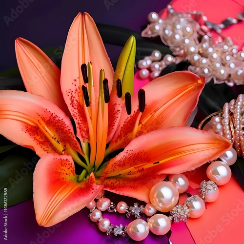 Orange lily flower with elegant pearl jewelry