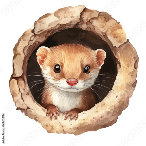 Weasel Peeking From A Hole, watercolor illustration vector, high quality, isolated on a white background.