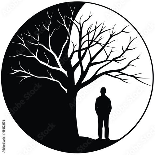Silhouette man standing by bare tree against clear sky