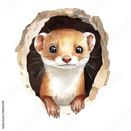 watercolor vector of Weasel Peeking From A Hole, high quality, isolated on a white background.