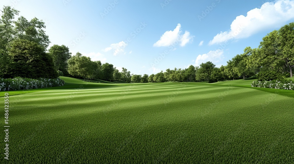 Green golf course stretches across the landscape under a bright blue sky with scattered clouds and surrounding trees. Green golf course stretches across the landscape under a bright blue sky with scattered clouds and surrounding trees.