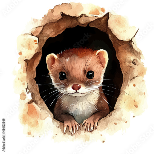 watercolor vector of Weasel Peeking From A Hole, high quality, isolated on a white background.
