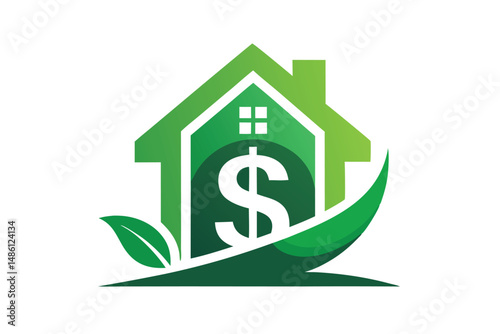 A green house shape encloses a white dollar symbol with leaves below it