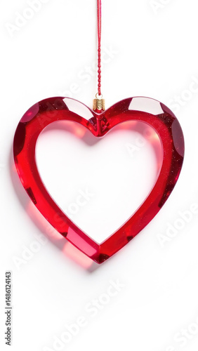 Glass translucent red heart on rope on white background, heart shaped frame