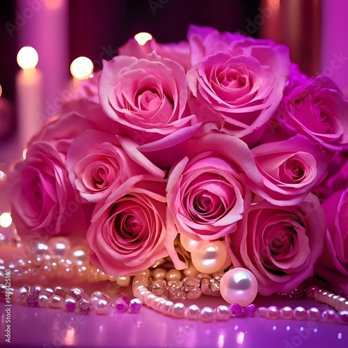 Romantic pink roses pearl necklace candles