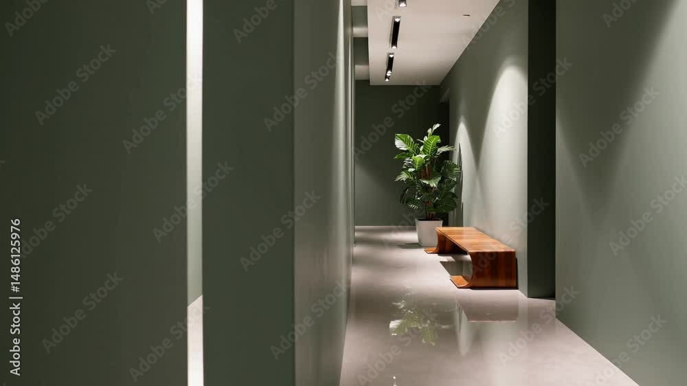 Couloir moderne minimaliste avec banc en bois et plante verte

