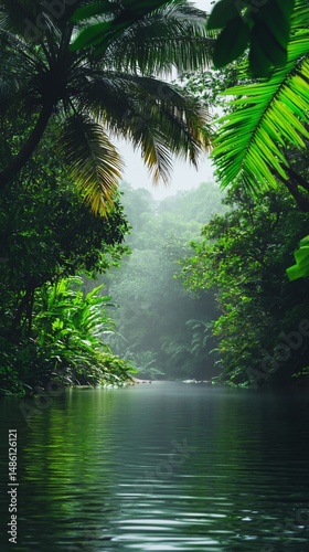 A tranquil river flows through a lush green jungle, shrouded in mist