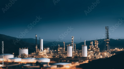 Wallpaper Mural Night Refinery: A sprawling industrial refinery complex at night, illuminated against a dark blue twilight sky, showcasing the scale of modern industrial operations. Torontodigital.ca
