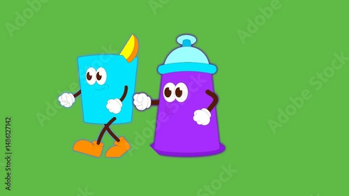 draw set of three different containers in shape, size and colour walking behind each other on green background

