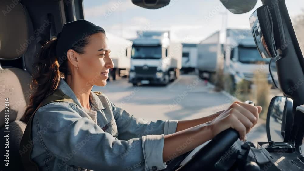 Confident female truck driver maneuvering truck in busy loading dock Confident female truck driver maneuvering truck in busy loading dock
