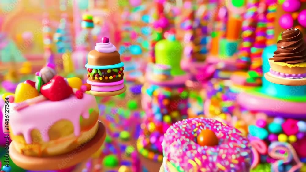 Animated candyland adventure with flying donuts and burgers amidst vibrant colors
