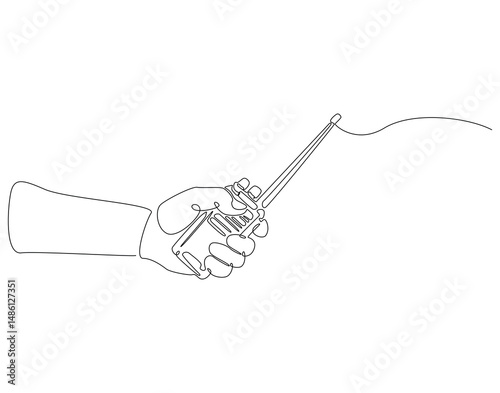 Continuous one line drawing of hand holding walkie talkie. One line drawing illustration of walkie talkie hold by hand. World telecommunication day concept single line. Editable outline