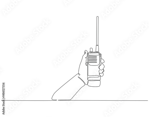 Continuous one line drawing of hand holding walkie talkie. One line drawing illustration of walkie talkie hold by hand. World telecommunication day concept single line. Editable outline