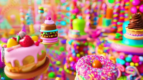 Animated candyland adventure with flying donuts and burgers amidst vibrant colors