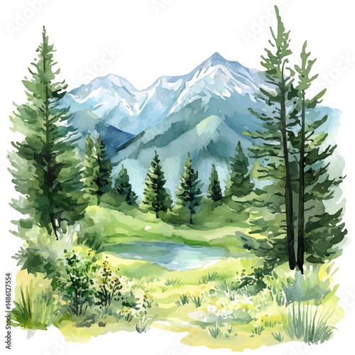 watercolor of Warm Summer Afternoon In The Mountains, vector high quality, isolated on a white background.