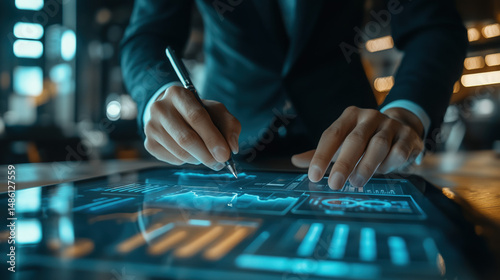 a male professional checking customer analytics dashboard on a tablet