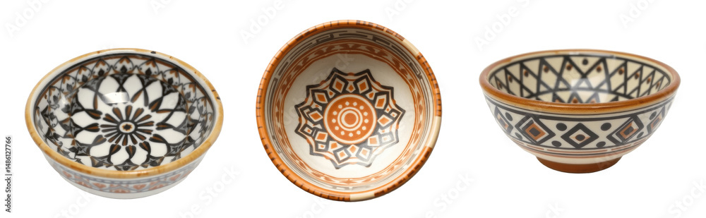 Obraz premium Three Decorative Ceramic Bowls with Geometric Patterns, Isolated on Transparent Background