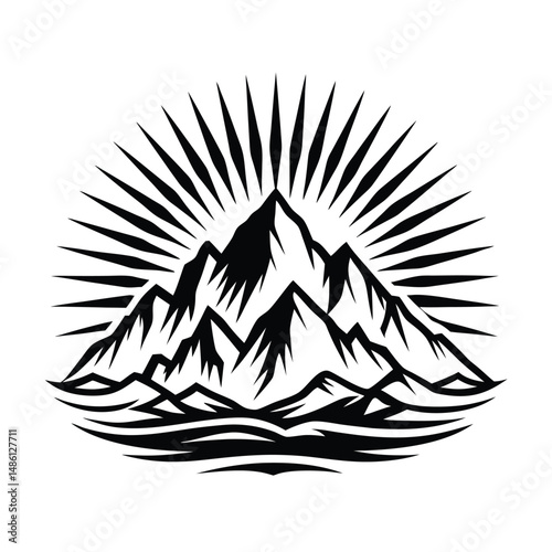 Black Mountains with Rays, Nature Peaks Landscape, Monotone Mountain Icon Style, Isolated